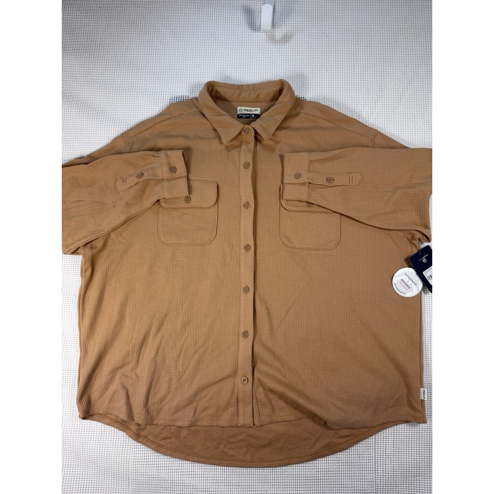 Magellan Outdoors Womens XL Waffle Knit Boyfriend Fit Button Front Shirt Brown